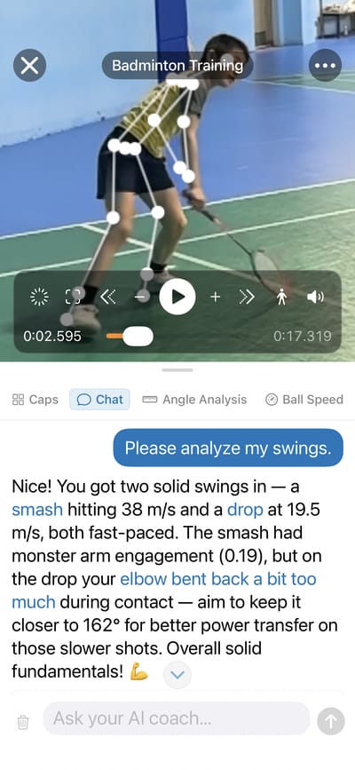 AI coach chat showing feedback on badminton swings