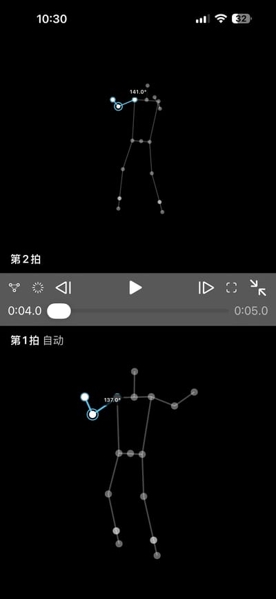 两次挥拍的骨架并排对比,显示关节角度差异