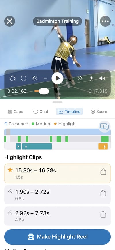 Pose Coach timeline view showing highlight clips from a badminton training session