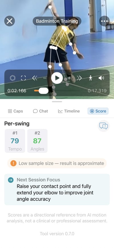 Per-swing scores and next session focus tip