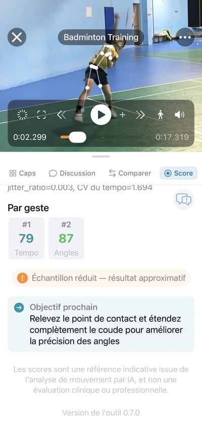 Scores par frappe et conseil sur le prochain objectif d'entraînement